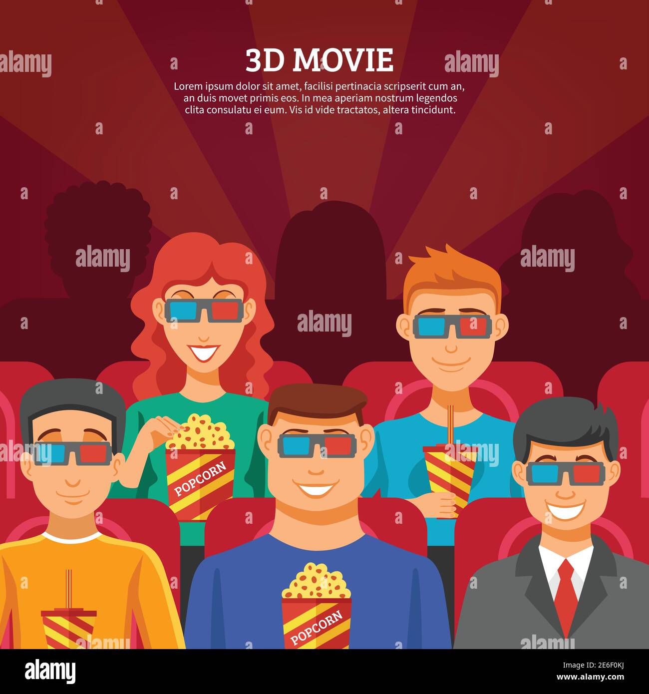 Concept de cinéma avec les spectateurs regardant des films en 3d et se mangeant illustration du vecteur plat de maïs soufflé Illustration de Vecteur