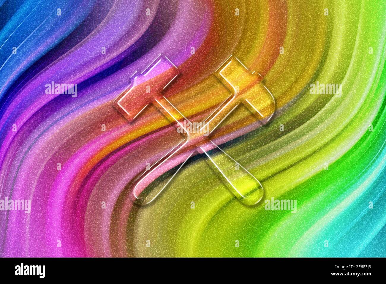Symbole marteau et piqueur, enseigne minière, fond de paillettes arc-en-ciel Banque D'Images