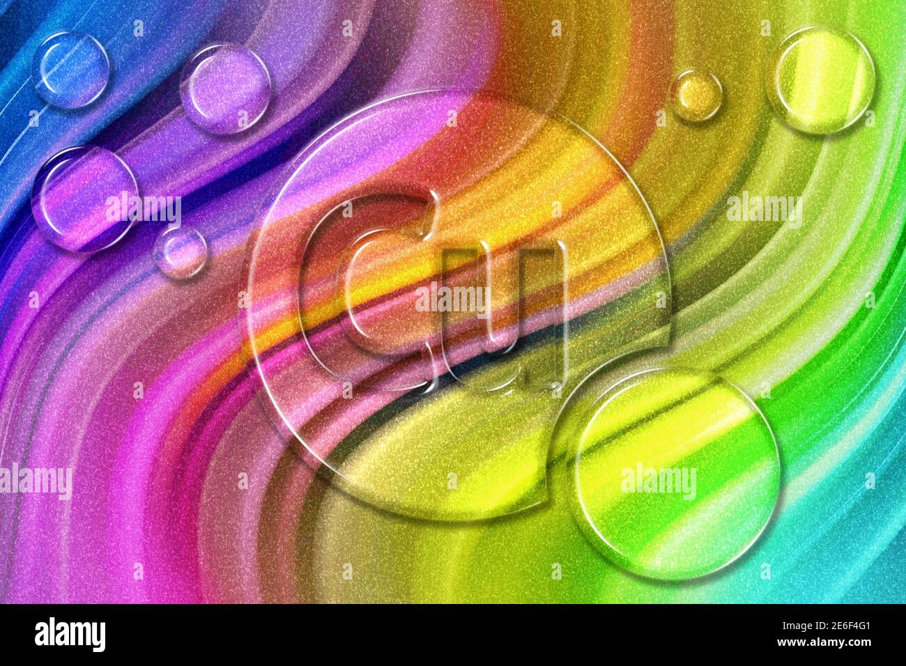 Element Cu cuivre, supplément diététique complexe de vitamines minérales, fond de paillettes arc-en-ciel Banque D'Images