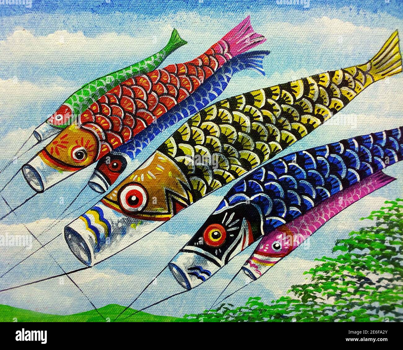 Peinture d'art couleur acrylique Festival Koi-no-bori , carpe fantaisie , koi , japon Banque D'Images
