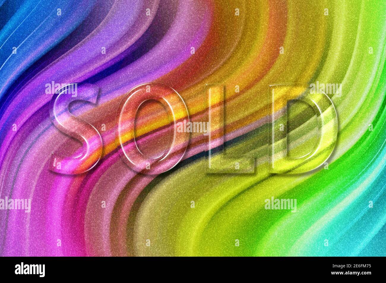 Affiche vendue. Bannière vendue, autocollant vendu, fond en paillettes arc-en-ciel Banque D'Images