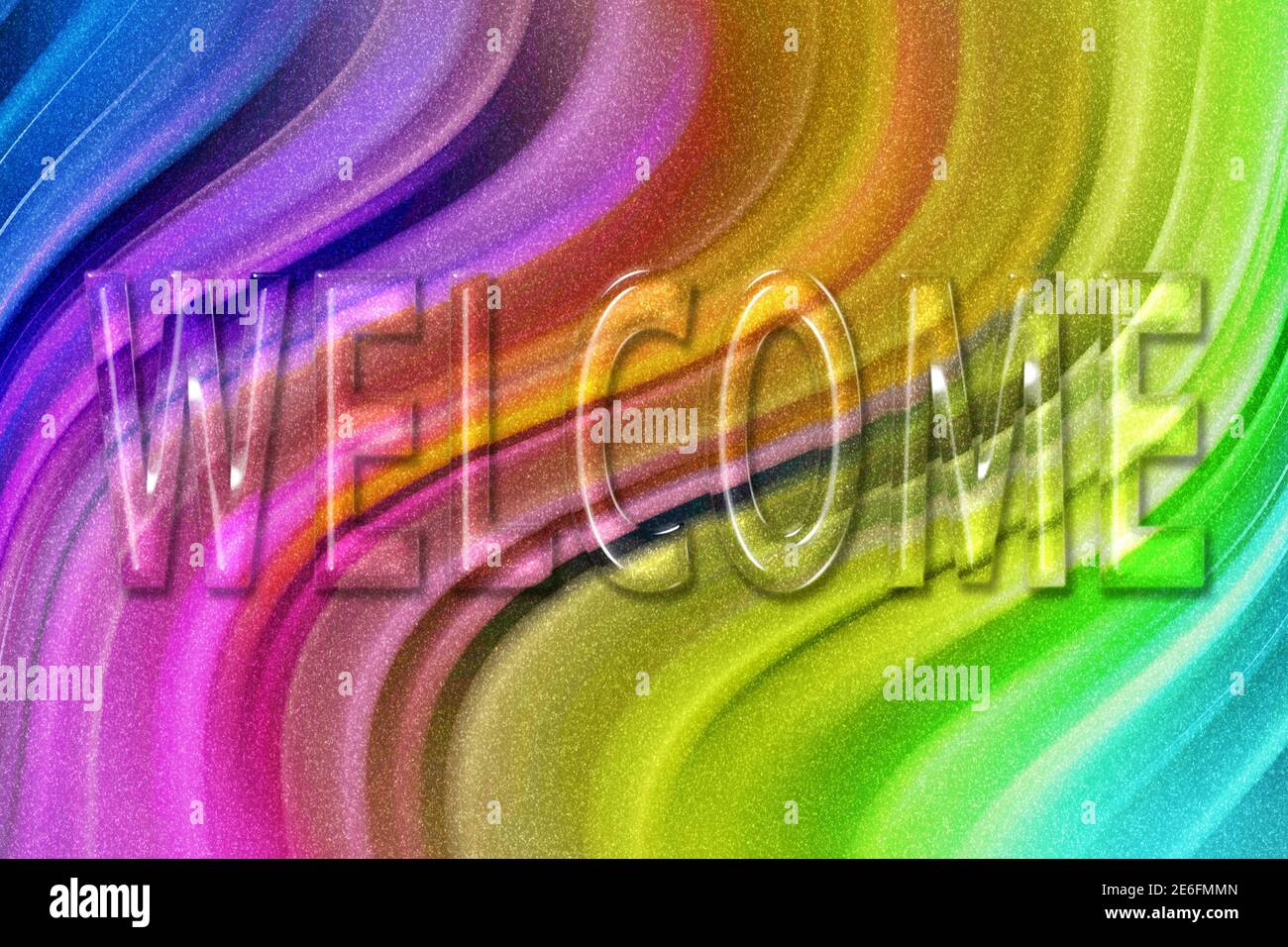 Affiche de bienvenue, bannière de lettres DE BIENVENUE, carte de vœux, fond de paillettes arc-en-ciel Banque D'Images