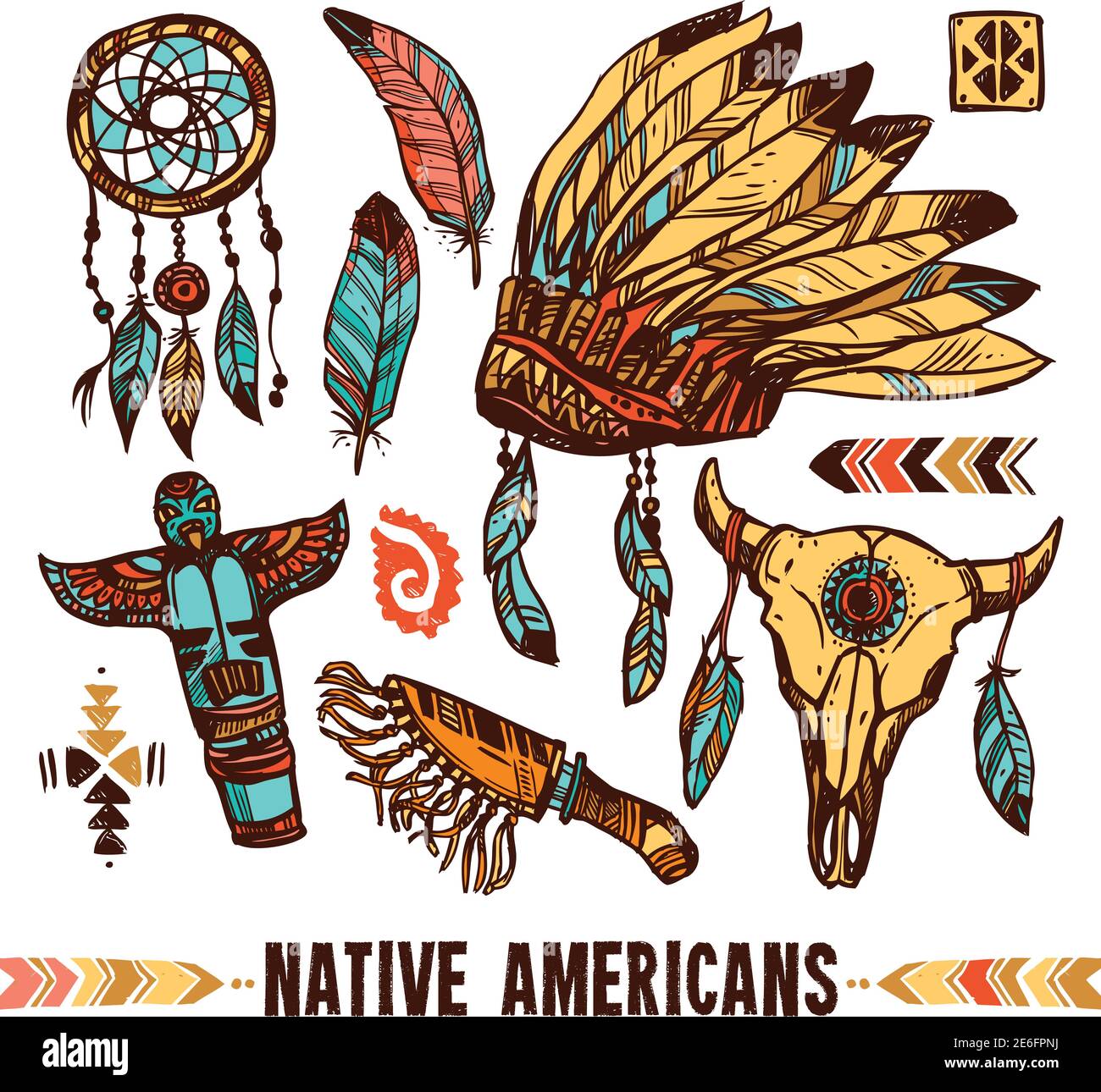 Capot de guerre tambourin de style amérindien avec plumes de couleur icône décorative ensemble illustration vectorielle isolée Illustration de Vecteur