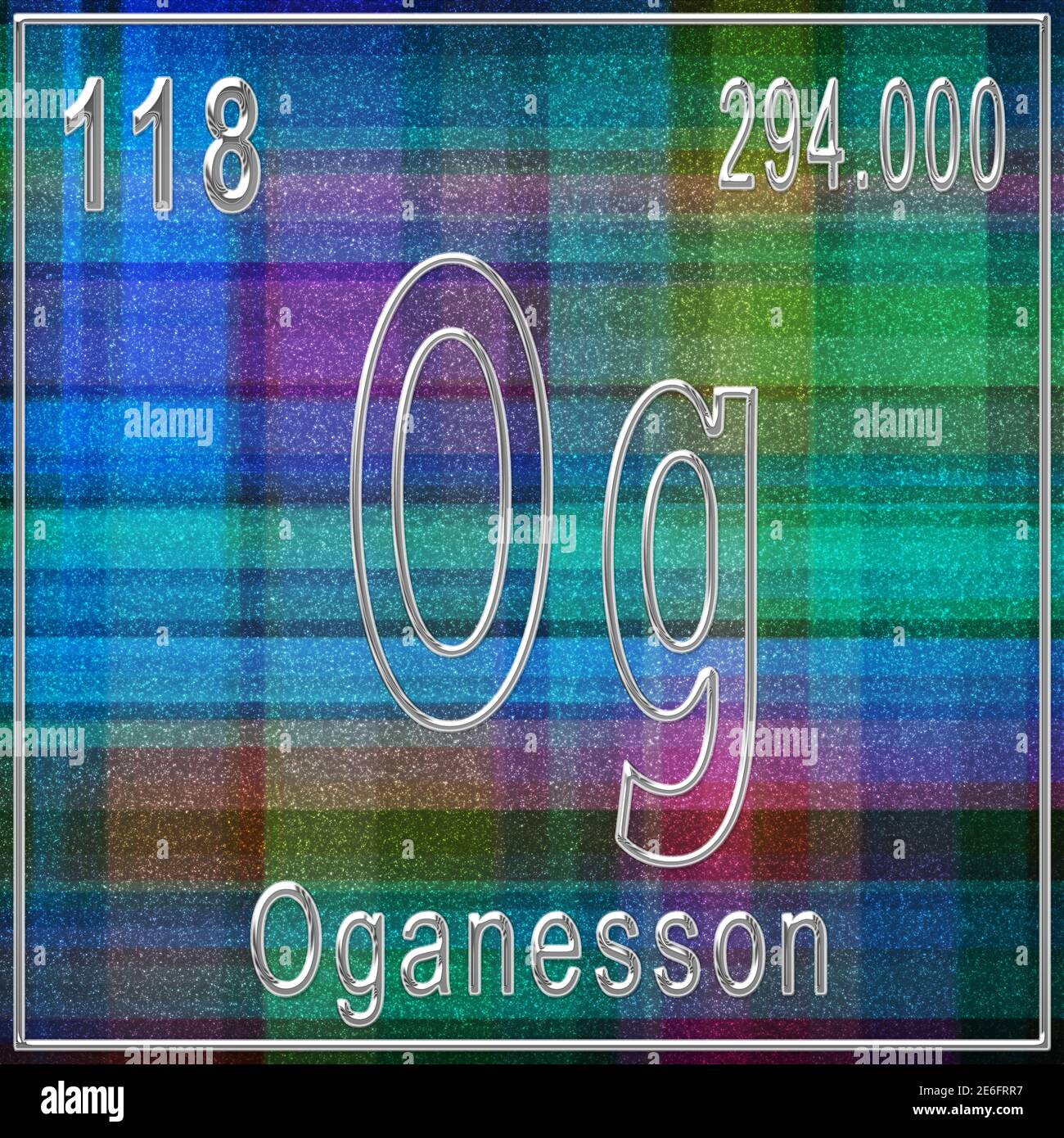 Élément chimique Oganesson, signe avec numéro atomique et poids atomique, élément du tableau périodique Banque D'Images