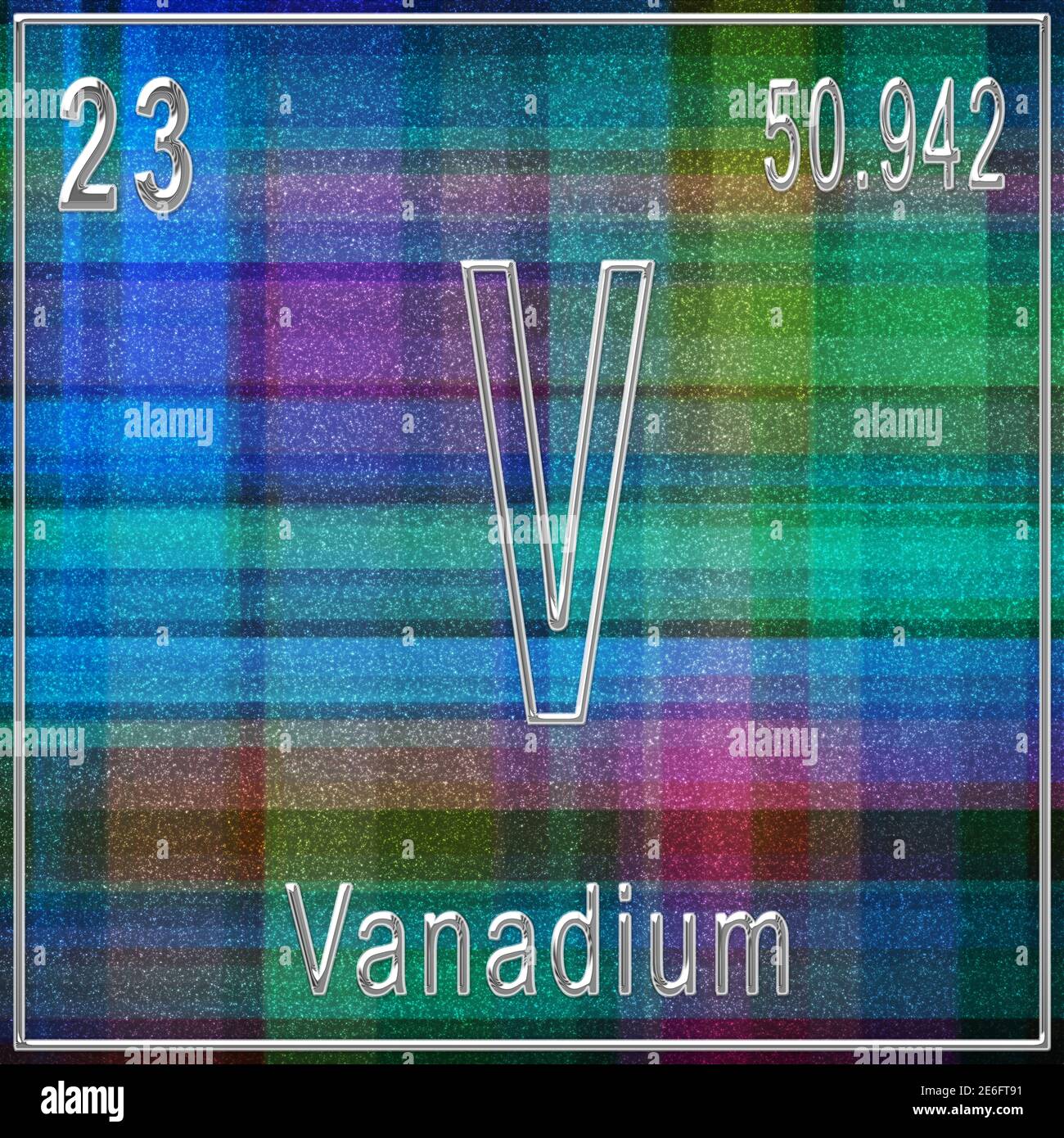 Élément chimique en vanadium, signe avec numéro atomique et poids atomique, élément du tableau périodique Banque D'Images