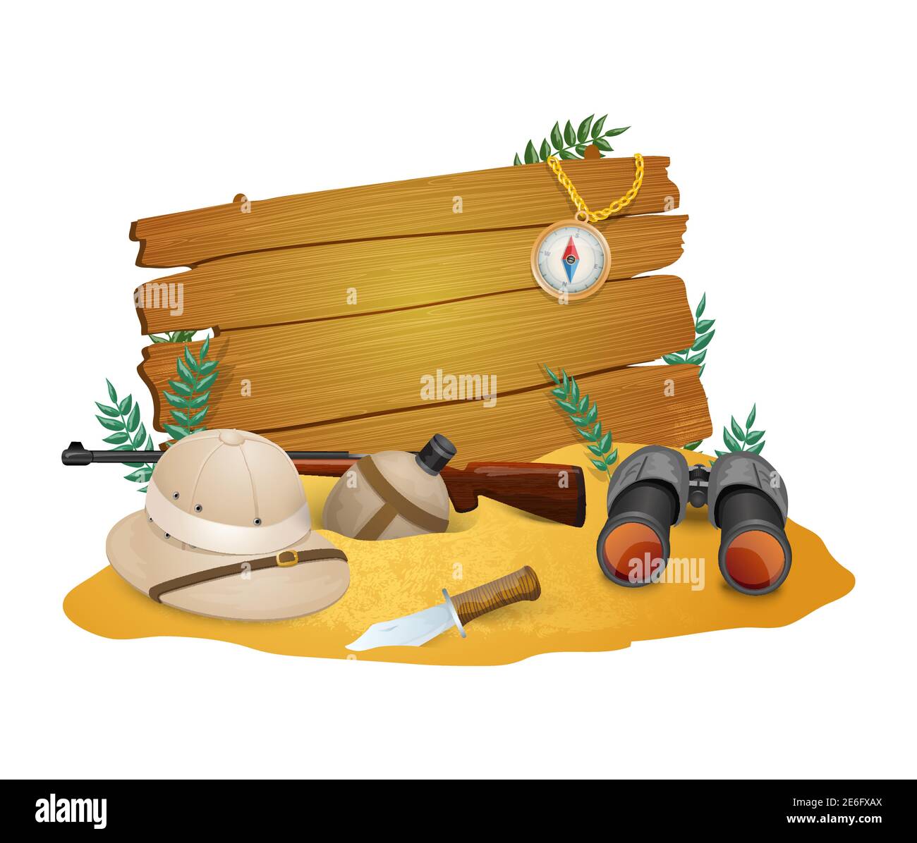 Poster Safari pour la chasse à la savane avec des munitions touristiques et la découverte illustration vectorielle des accessoires Illustration de Vecteur