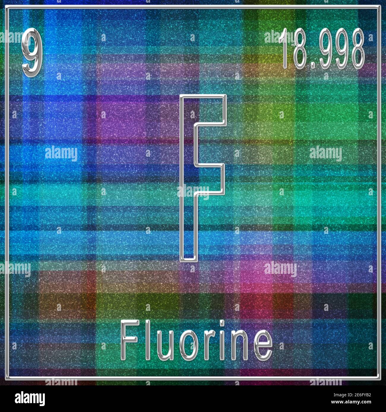 Élément chimique fluor, signe avec numéro atomique et poids atomique, élément Tableau périodique Banque D'Images