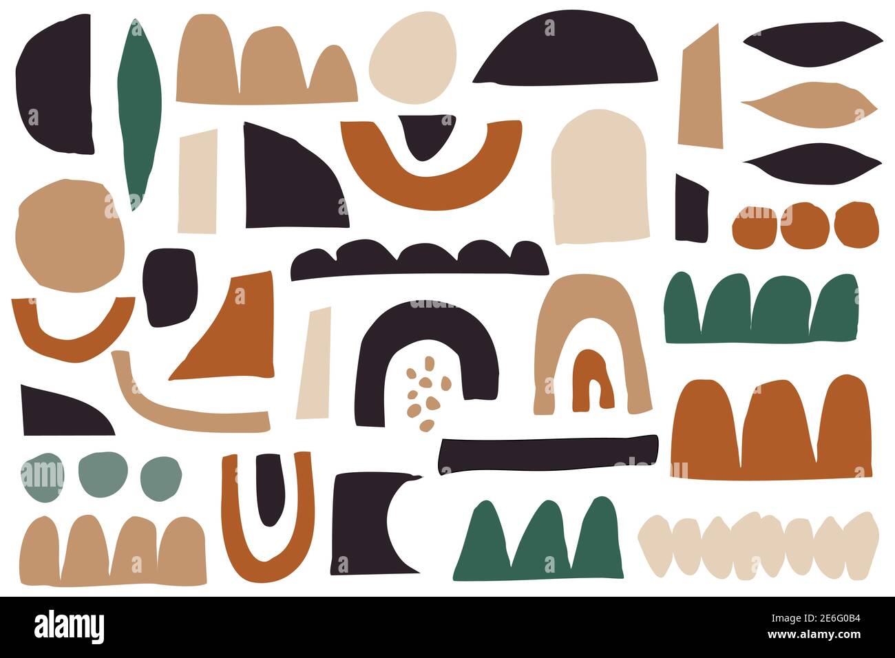 Ensemble de formes géométriques organiques abstraites vectorielles en marron clair, beige, vert, crème et noir, isolées sur blanc. Illustration de Vecteur
