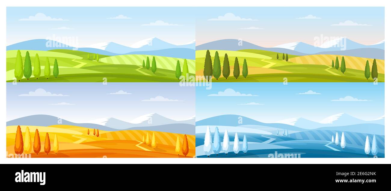 Dessin animé été printemps automne hiver scènes avec prairie verte, collines de neige bleue, champs sauvages jaunes, paysage panoramique arrière-plan, champ de nature Illustration de Vecteur