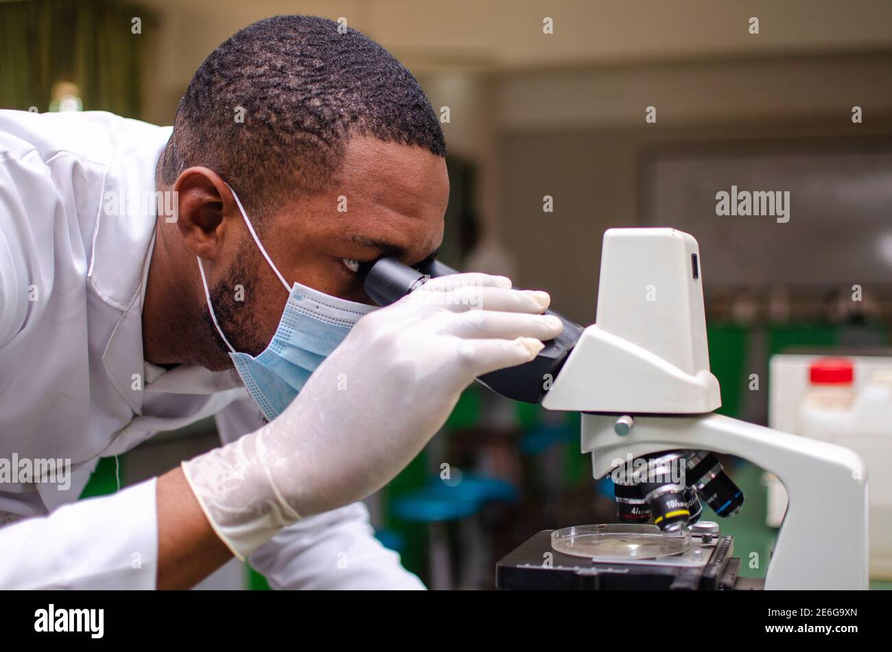 Jeune médecin africain effectuant une expérience dans le laboratoire Banque D'Images