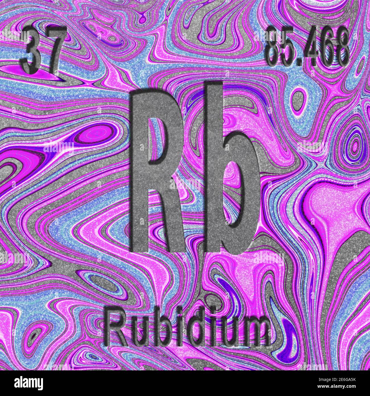 Élément chimique rubidium, signe avec numéro atomique et poids atomique, fond violet, élément de tableau périodique Banque D'Images