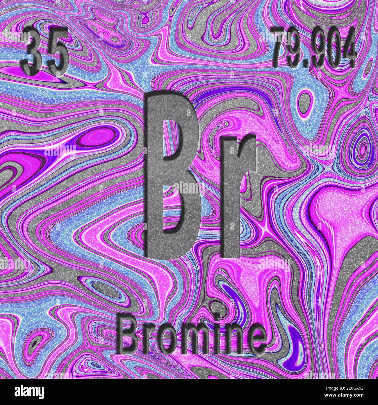 Élément chimique brome, signe avec numéro atomique et poids atomique, fond violet, élément du tableau périodique Banque D'Images