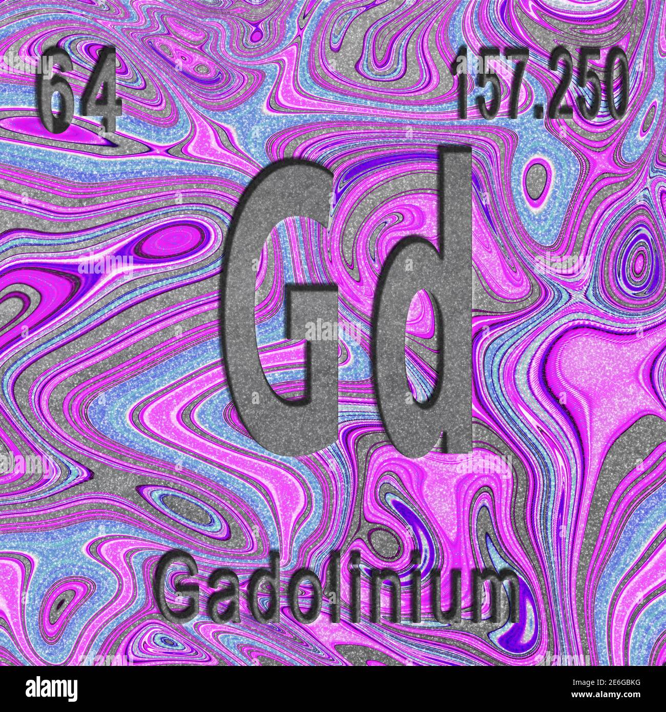 Élément chimique du gadolinium, signe avec numéro atomique et poids atomique, fond violet, élément du tableau périodique Banque D'Images