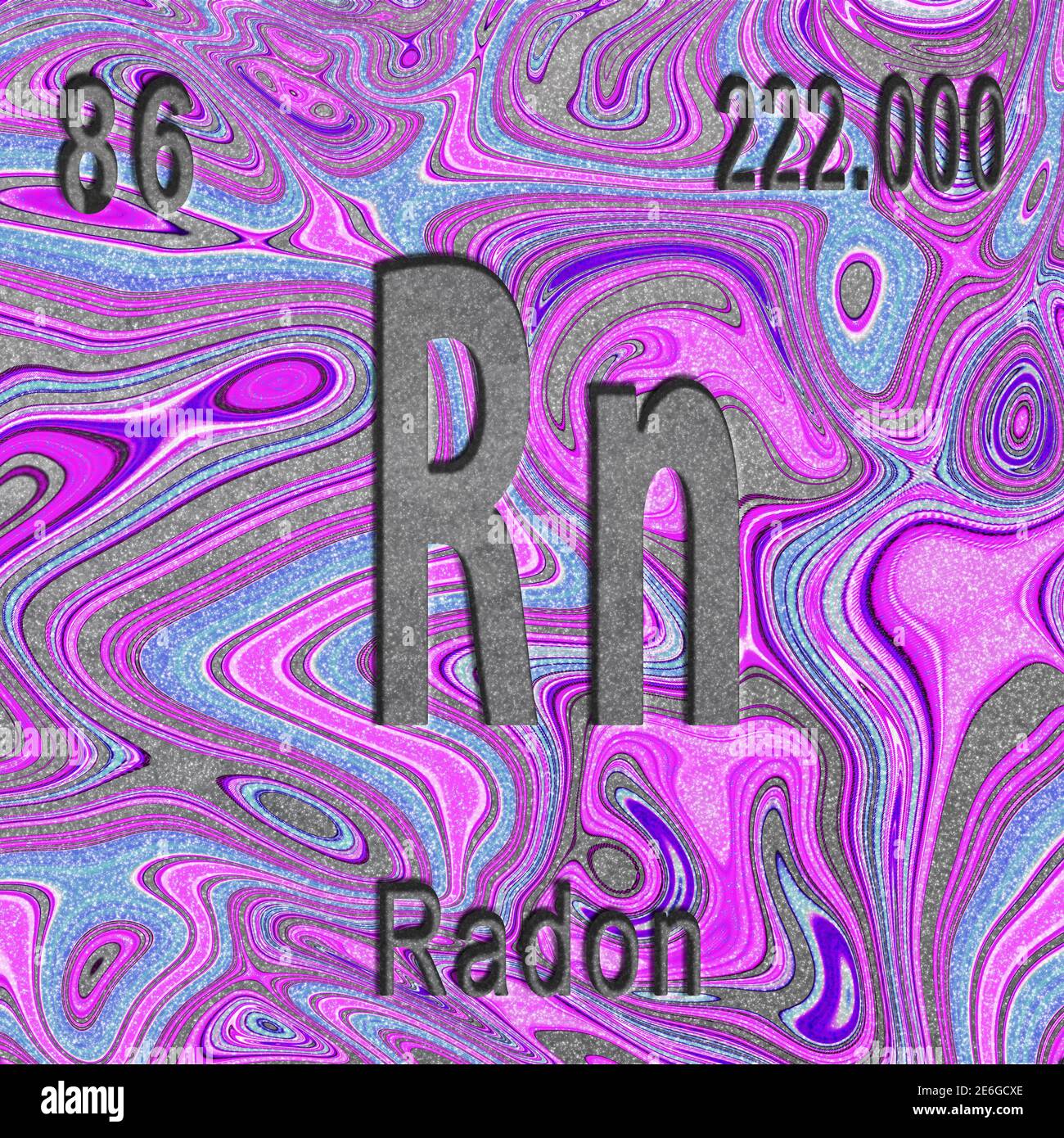 Élément chimique de radon, signe avec numéro atomique et poids atomique, fond violet, élément du tableau périodique Banque D'Images