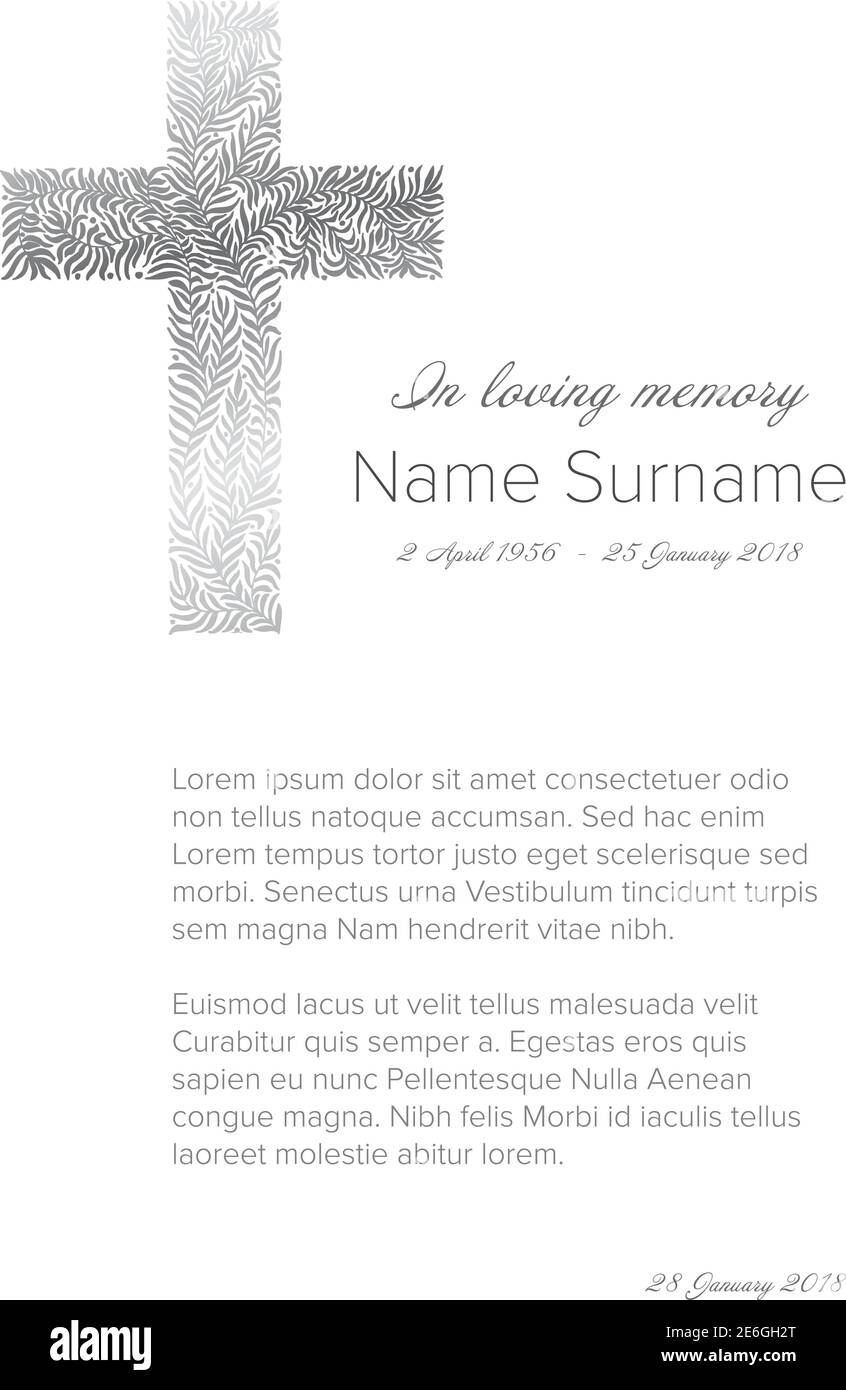 Condoléances funéraires modèle de carte d'avis de décès avec grande croix argentée fait d'éléments floraux Illustration de Vecteur