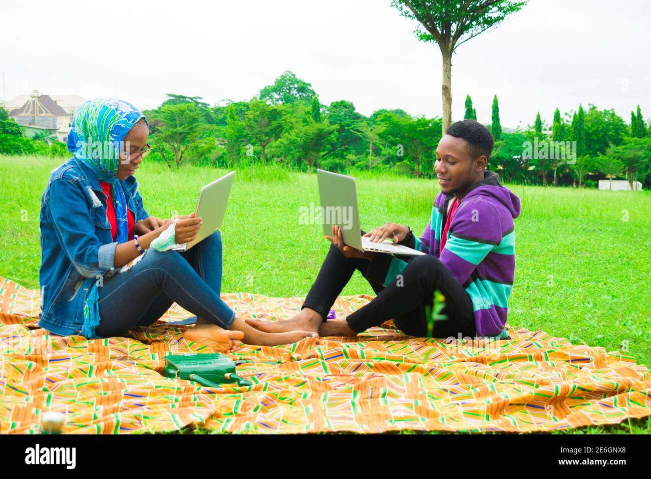 jeunes couples noirs assis dans un parc, utilisant leurs ordinateurs portables pour surfer sur internet Banque D'Images