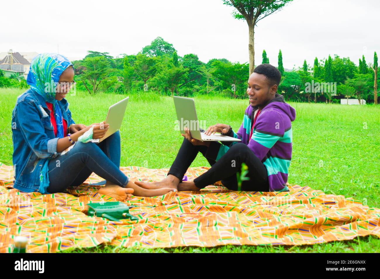 jeunes couples noirs assis dans un parc, utilisant leurs ordinateurs portables pour surfer sur internet Banque D'Images