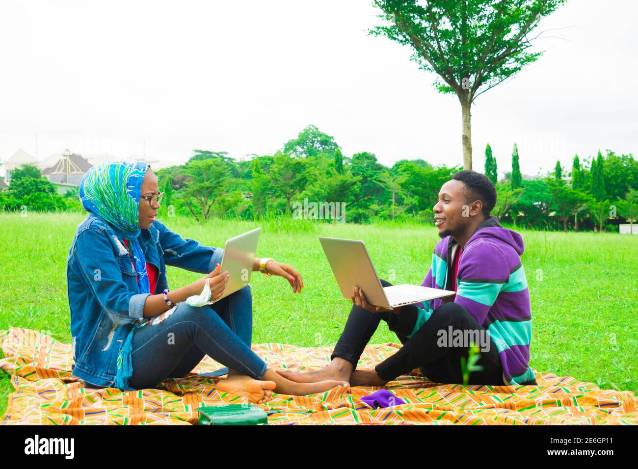 jeunes couples noirs assis dans un parc, utilisant leurs ordinateurs portables pour surfer sur internet Banque D'Images