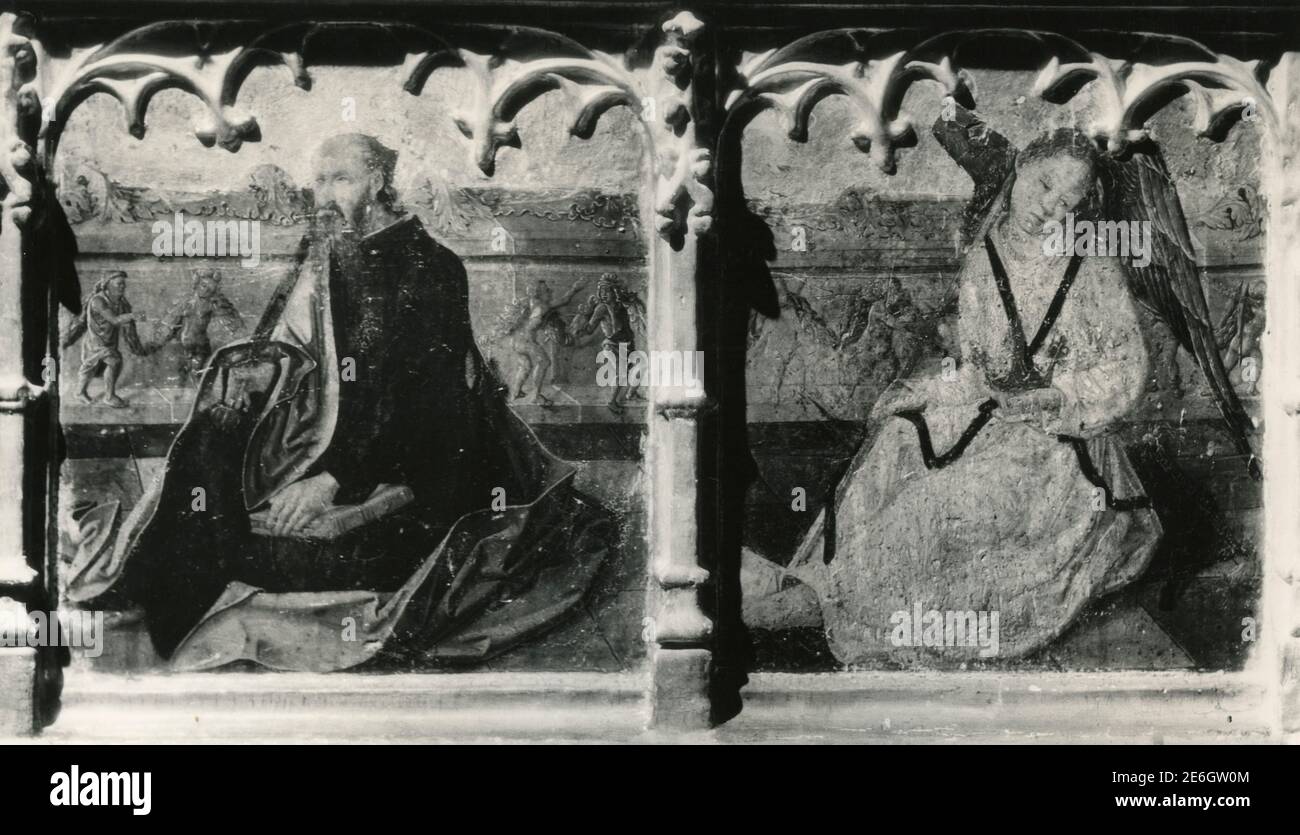 Baptismal font, peinture de l'artiste espagnol Rodrigo de Osona, Eglise Saint-Nicolas, Valence, Espagne dans les années 1950 Banque D'Images