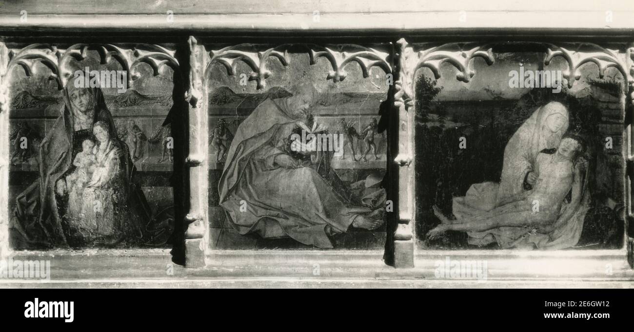 Baptismal font, peinture de l'artiste espagnol Rodrigo de Osona, Eglise Saint-Nicolas, Valence, Espagne dans les années 1950 Banque D'Images