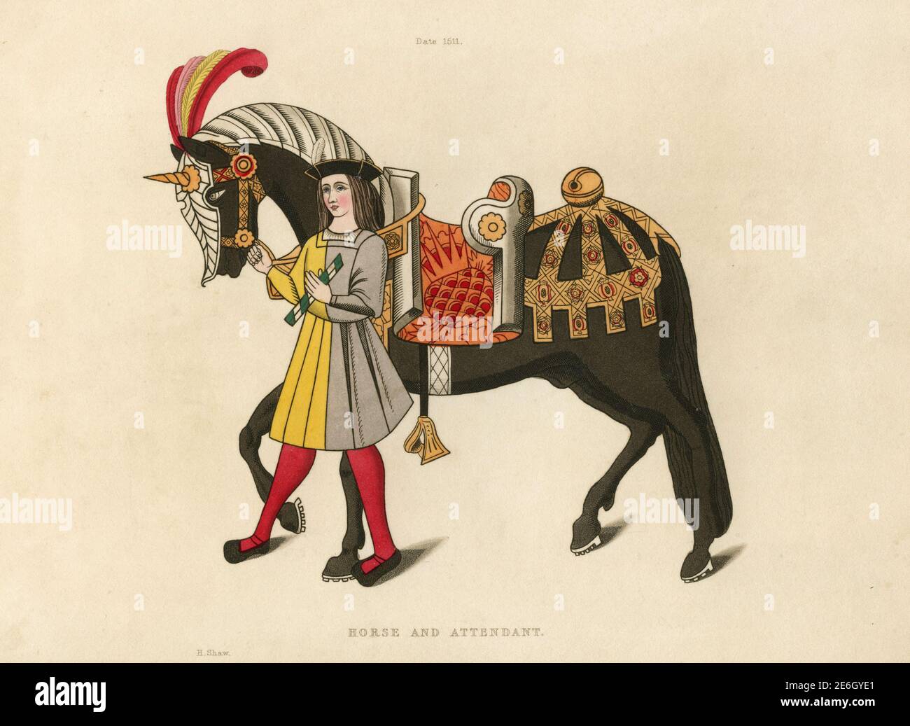 Cheval et accompagnateur, imprimé par l'artiste britannique Henry Shaw, 1840 Banque D'Images