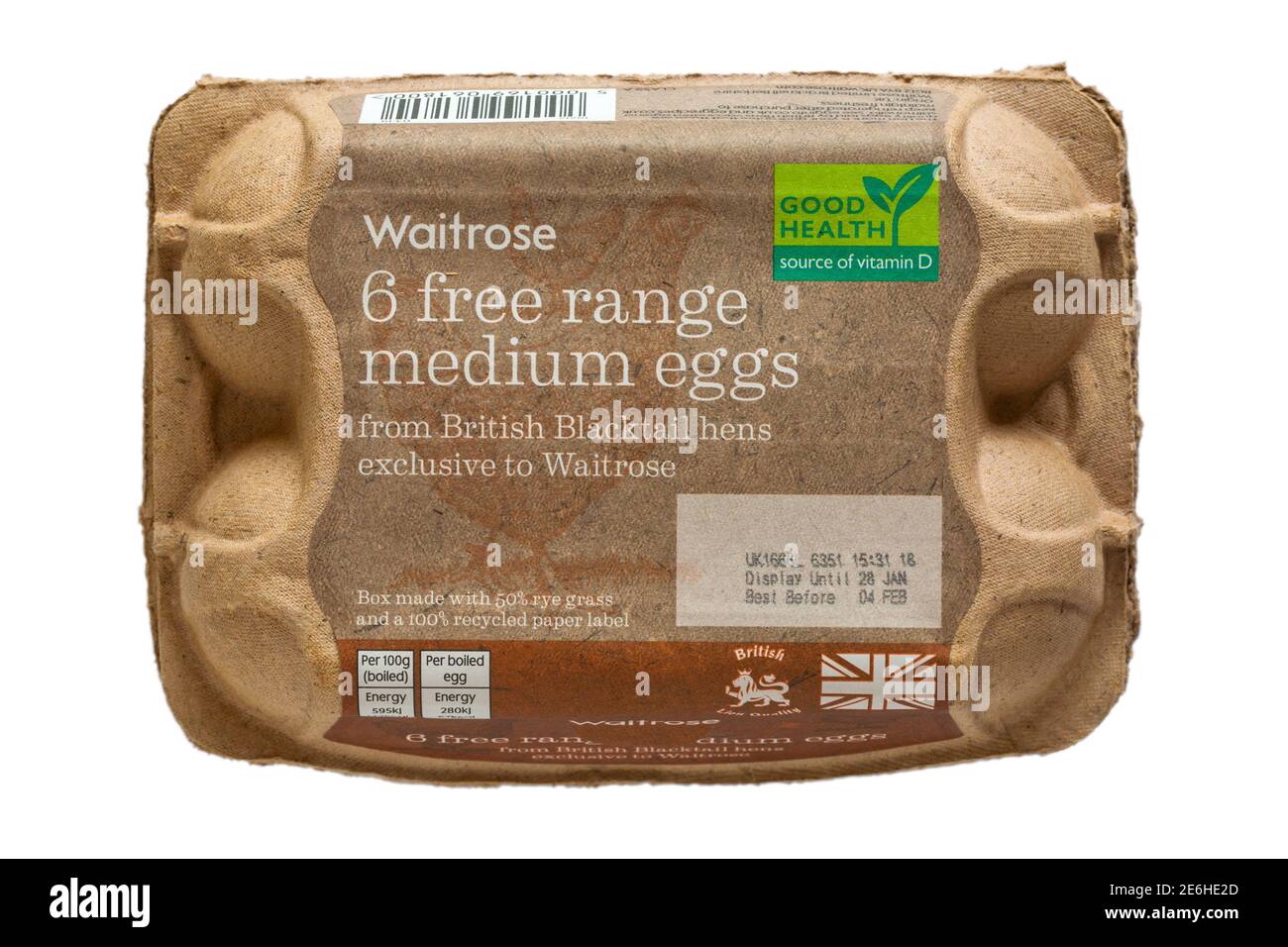 Carton de Waitrose 6 oeufs de milieu de gamme libre de British Poules noires isolées sur fond blanc - boîte à œufs fermée boîte à lait Banque D'Images