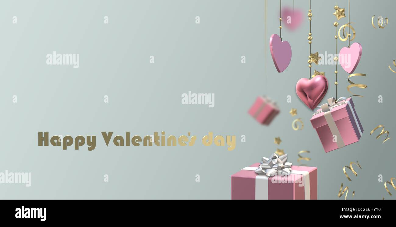Coeurs suspendus roses, boîtes cadeaux 3D, confetti sur fond pastel. Saint-Valentin, amour, invitation à la fête, fête des mères, 8 mars, mariage, carte de vœux. Banque D'Images
