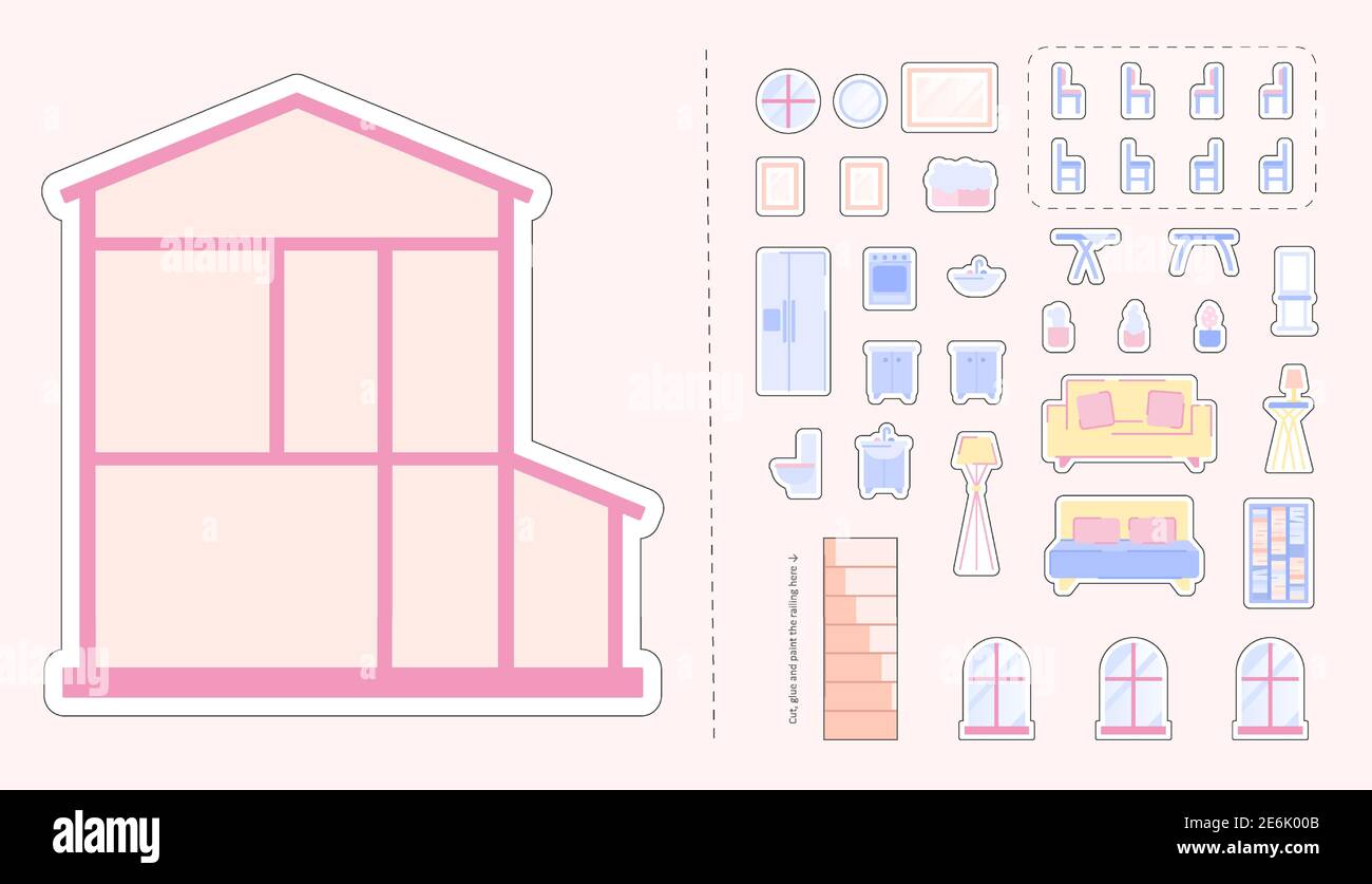 Couper et coller jeu - conception de la maison d'un rêve. Grand jeu de papier avec maison de campagne, ensemble de meubles et de nombreux accessoires Illustration de Vecteur