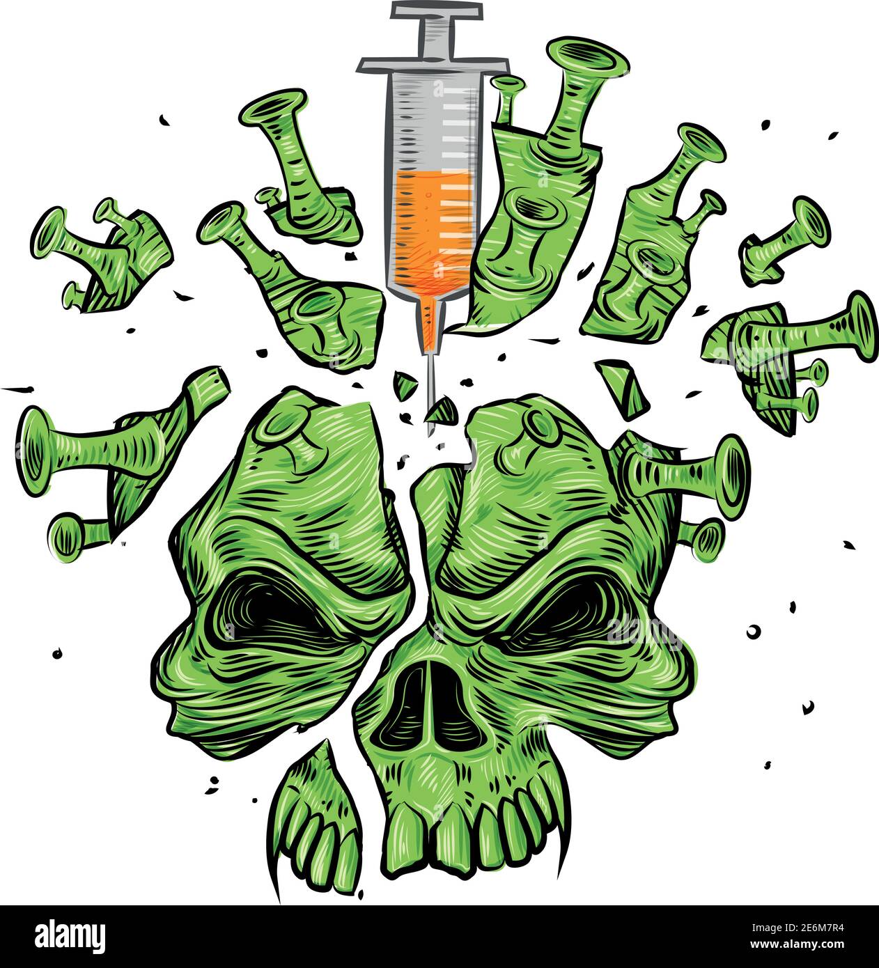 crâne cassé par le vaccin covid-19 . illustration de dessin animé Illustration de Vecteur