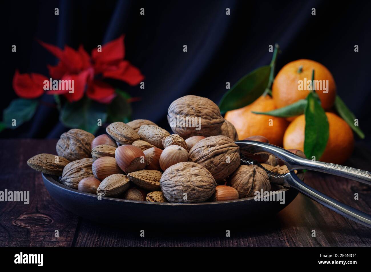 Moody saisonnier encore la vie avec mélange de noix, mandarines et Poinsettia plante Banque D'Images