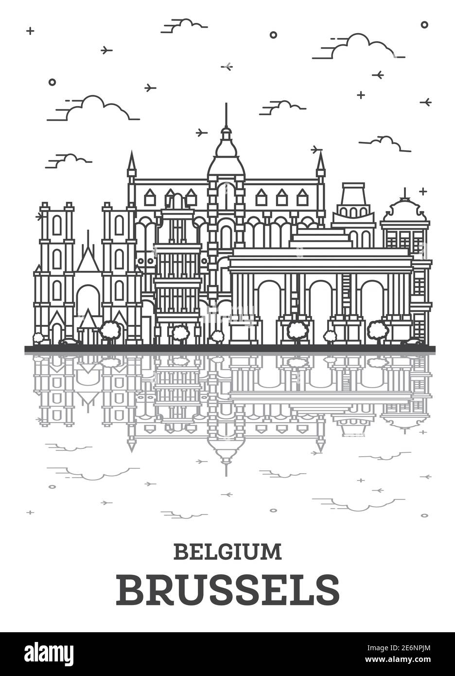 Contours Bruxelles Belgique Ville avec ses bâtiments historiques et réflexions isolé sur blanc. Vector Illustration. La Ville de Bruxelles avec vue Illustration de Vecteur