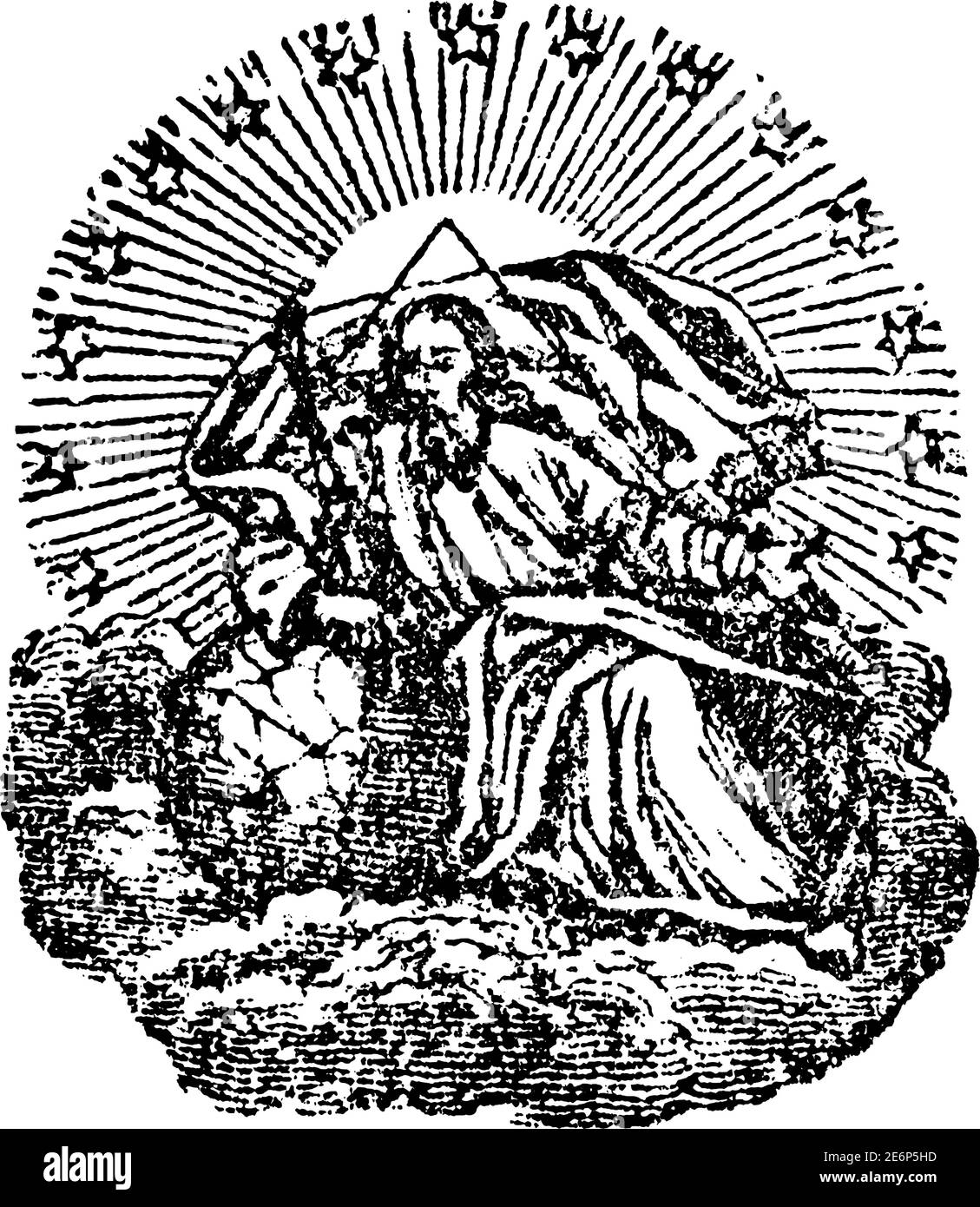 Dieu ou Seigneur assis sur le trône dans le ciel. Ancienne gravure religieuse chrétienne ancienne ou illustration de dessin. Illustration de Vecteur