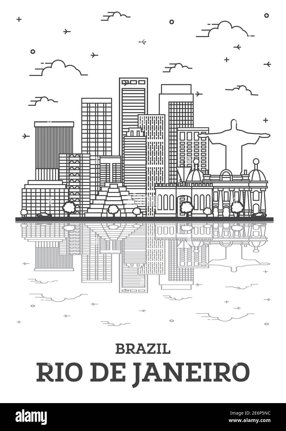 Aperçu Rio de Janeiro Brésil Skyline avec bâtiments modernes et réflexions isolées sur blanc. Illustration vectorielle. Paysage urbain de Rio de Janeiro. Illustration de Vecteur