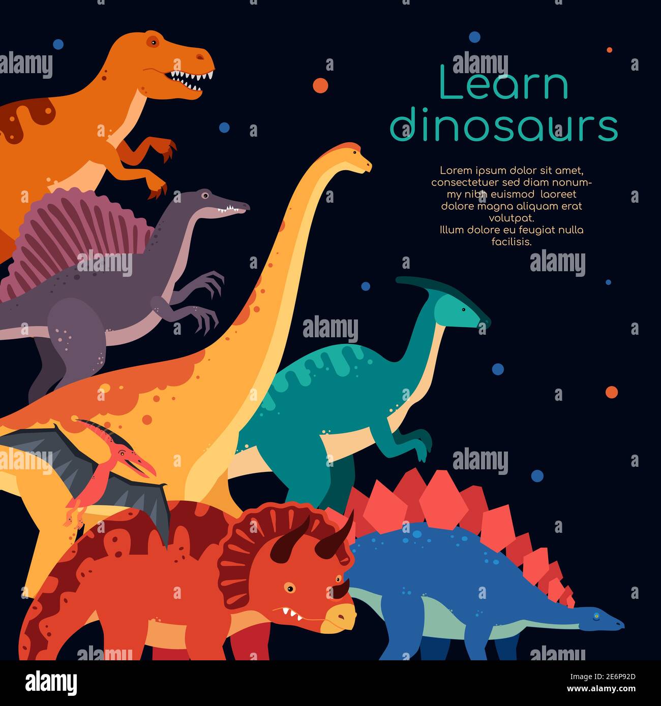 Apprenez les dinosaures - bannière colorée de style plat avec espace de copie pour le texte. Affiche avec images de brachiosaurus, T-rex, triceratops, spinosaurus, pa Illustration de Vecteur