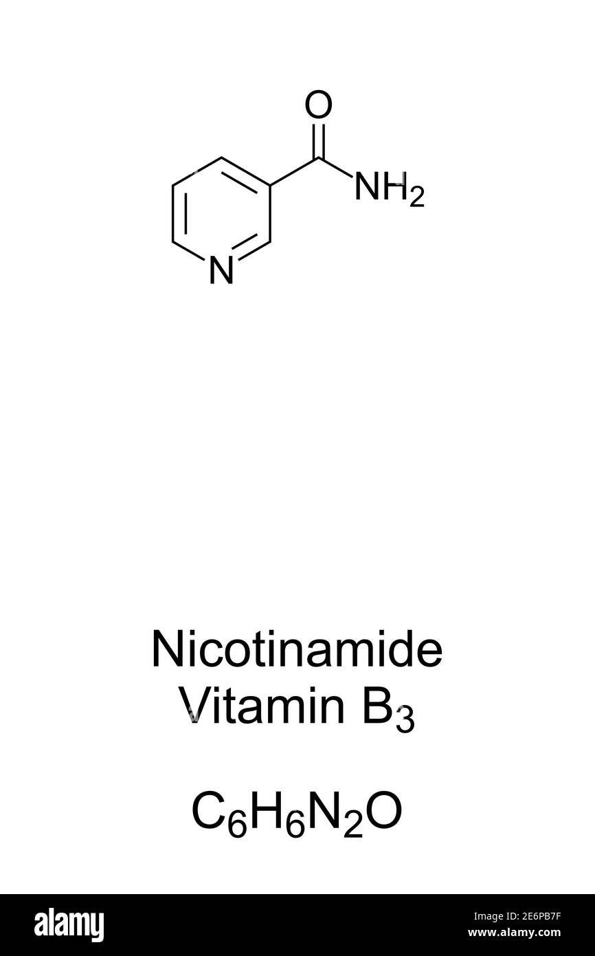Nicotinamide, NAM, structure chimique et formule squelettique. Un viamer de vitamine B3, trouvé dans les aliments et utilisé comme un supplément alimentaire et des médicaments. Banque D'Images