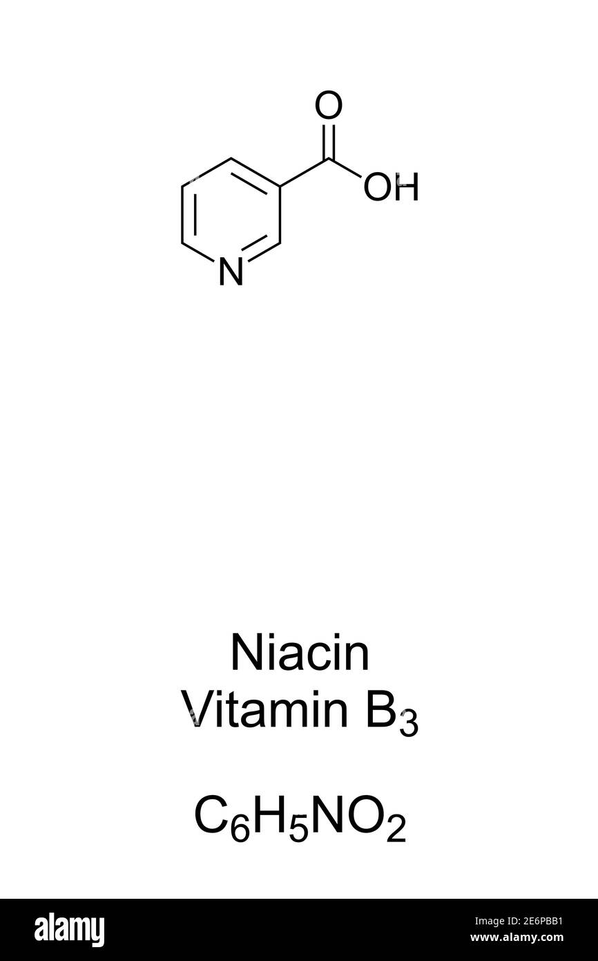 Niacine, structure chimique de l'acide nicotinique et formule squelettique. Un viamer de vitamine B3. Nutriments humains essentiels. Supplément alimentaire et médicaments. Banque D'Images