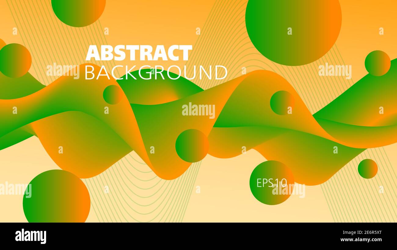 Orange vif, liquide vert. Arrière-plan coloré. Motif d'onde abstrait et sphères. Forme 3d fluide, illusion de mouvement. Design futuriste. EPS10 Illustration de Vecteur
