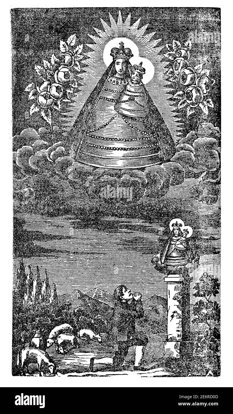 Le berger ou l'homme prie la Vierge Marie et Jésus-Christ au ciel. Ancienne gravure religieuse chrétienne ancienne ou illustration de dessin. Banque D'Images