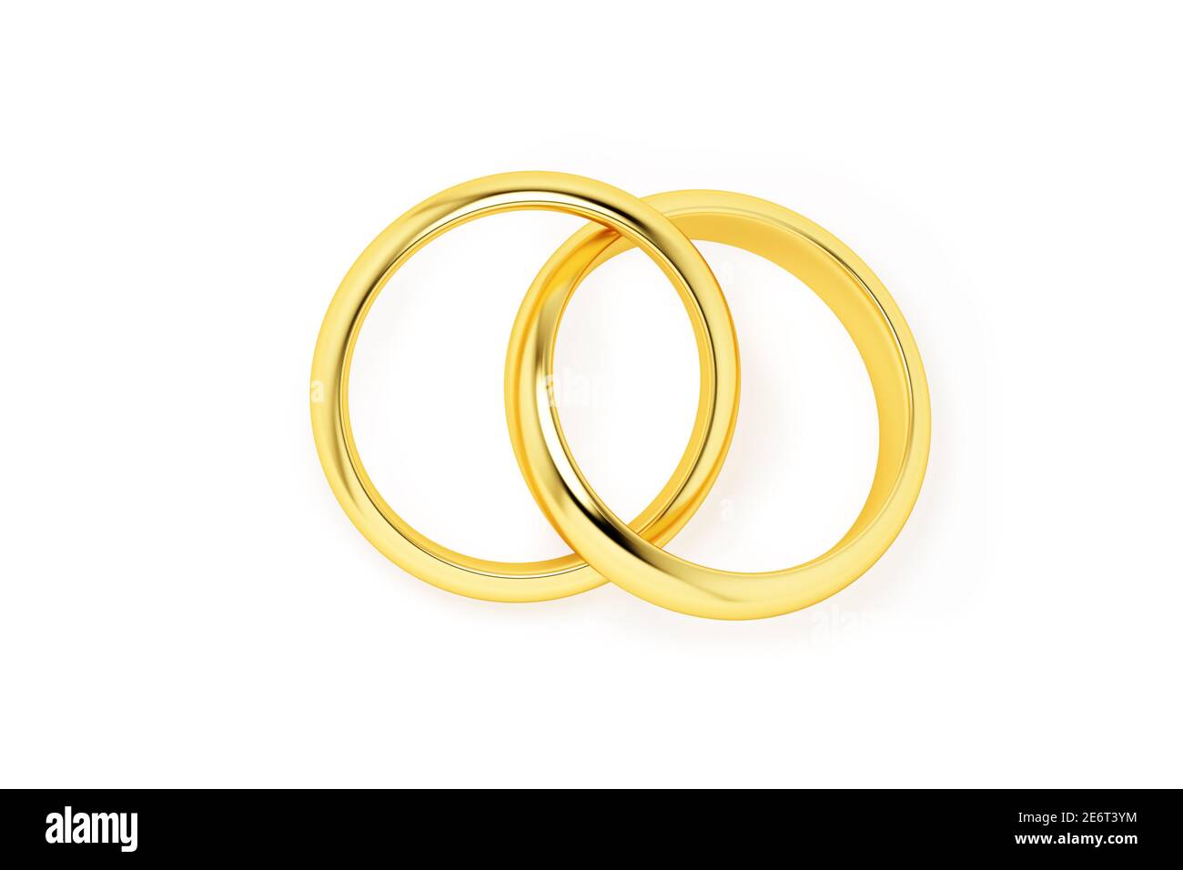 Deux anneaux de mariage dorés entrelacés isolés sur un fond blanc. Banque D'Images