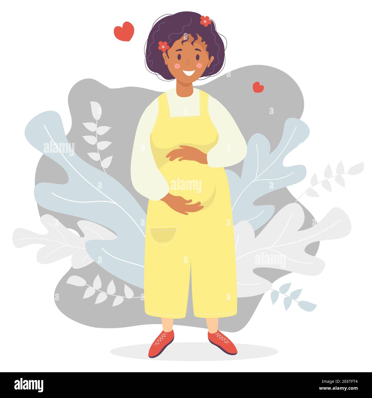 Maternité. Bonne femme enceinte à la peau foncée dans des combinaisons de pantalon jaunes qui épouse le ventre avec ses mains. Vecteur. Motifs plats sur décoration Illustration de Vecteur