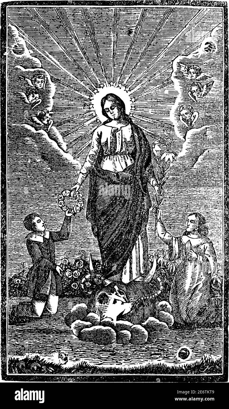 L'homme et la femme prient et donnent une couronne de lys et de roses à la mère vierge Marie. Ancienne gravure religieuse chrétienne ancienne ou illustration de dessin. Illustration de Vecteur