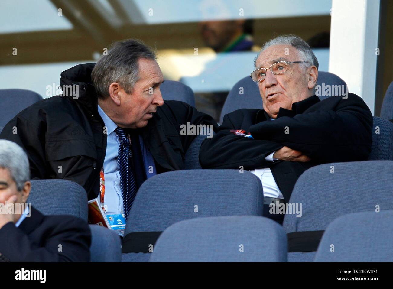 Gerard Houiller, national technical director of French Football Federation  (L) and French Football Federation President Jean-Pierre Escalettes attend  the 2010 World Cup Group A soccer match between France and South Africa at