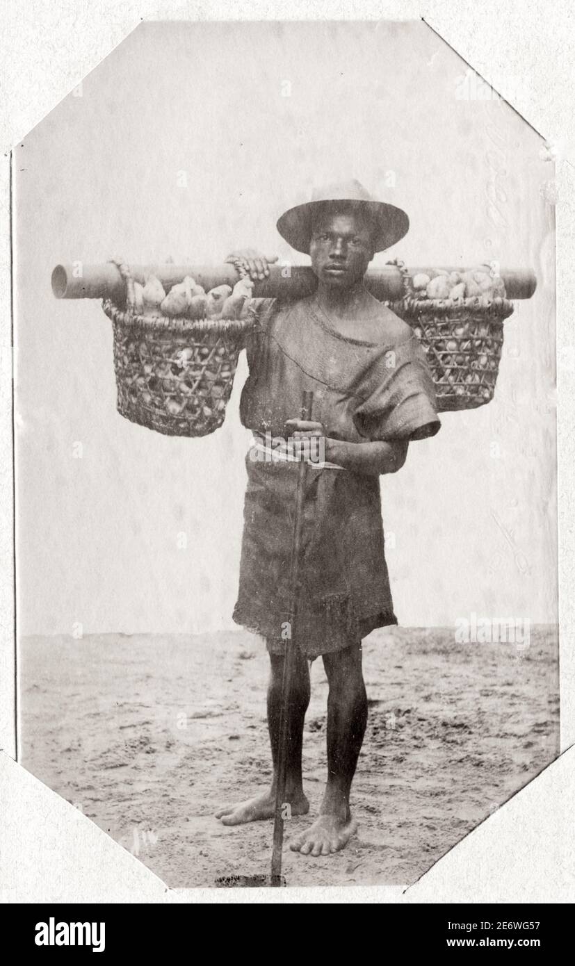 Photographie du XIXe siècle : homme transportant des paniers de pommes de terre, marchand de pommes de terre, Madagascar. Banque D'Images