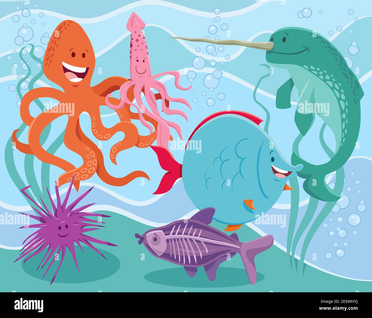 Illustration de dessin animé de drôle animaux marins bande dessinée groupe de caractères Illustration de Vecteur