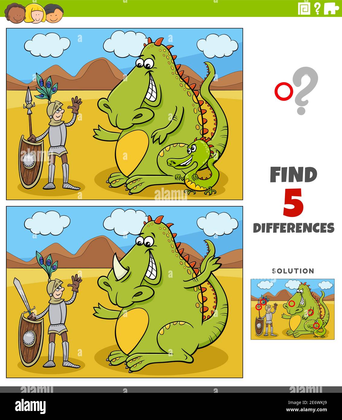 Illustration de dessin animé de trouver les différences entre les images jeu éducatif avec des personnages de chevalier et de dragon Illustration de Vecteur