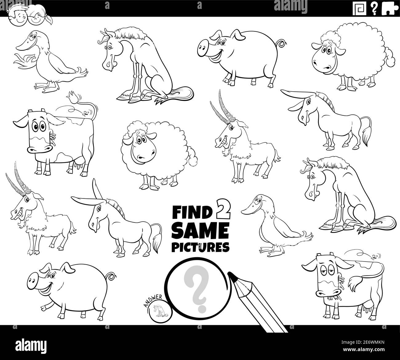 Illustration de dessin animé noir et blanc de la recherche de deux images identiques tâche éducative avec les personnages animaux de ferme coloriage livre page Illustration de Vecteur