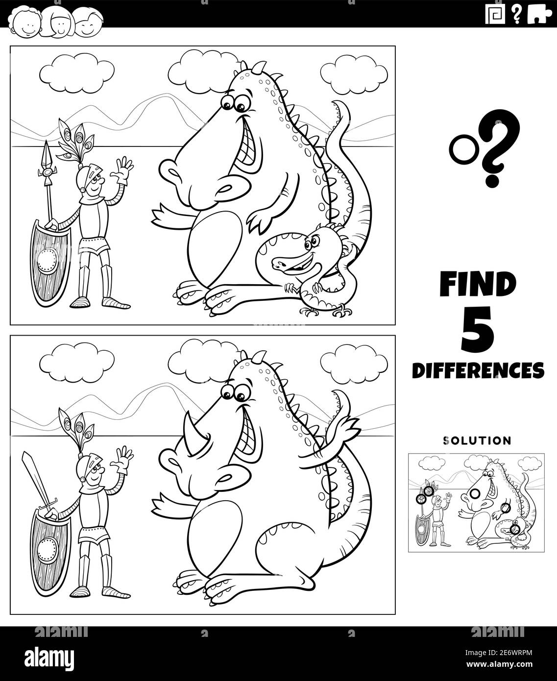 Illustration de dessin animé noir et blanc de la recherche des différences entre images jeu éducatif avec chevalier et personnages de dragon fantaisie de coloration b Illustration de Vecteur