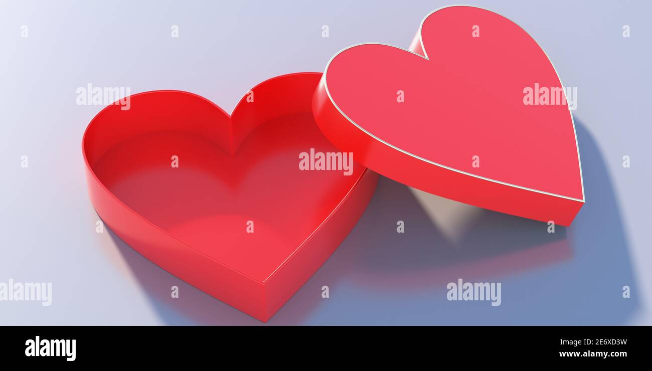 Boîte cœur rouge, Saint Valentin, concept amour. Ouvrez une boîte cadeau rouge vide en forme de coeur sur fond bleu. Modèle de cadeau de mariage. illustration 3d Banque D'Images