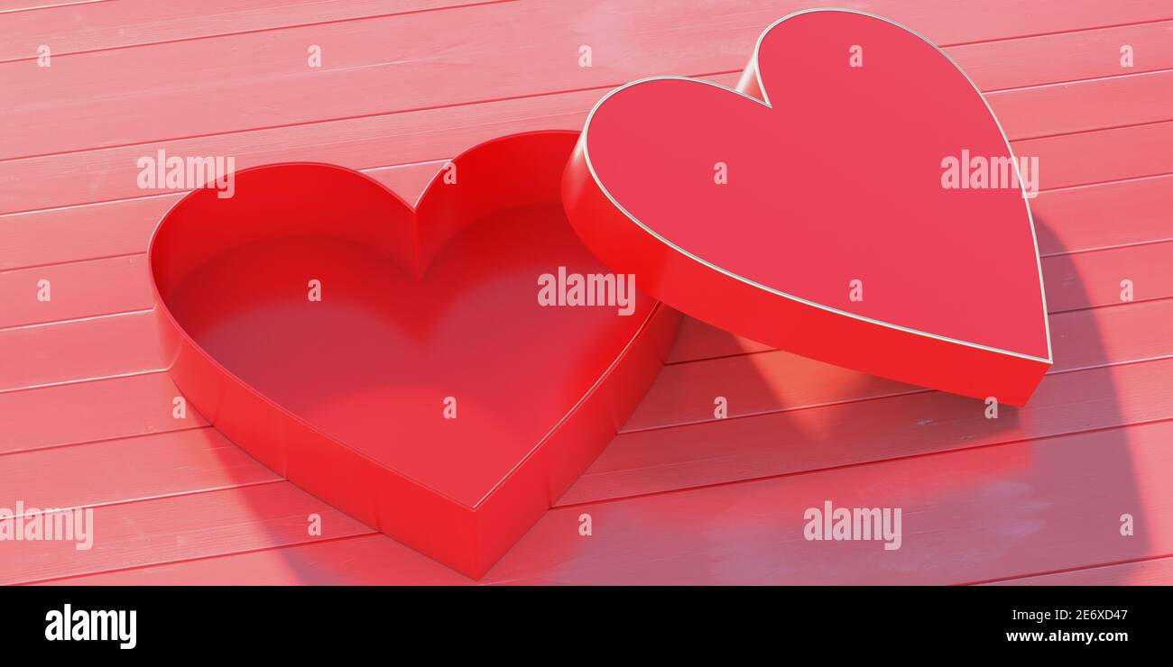 Boîte cœur rouge, Saint Valentin, concept amour. Ouvrez une boîte cadeau rouge vide en forme de coeur sur fond rouge. Modèle de cadeau de mariage. illustration 3d Banque D'Images