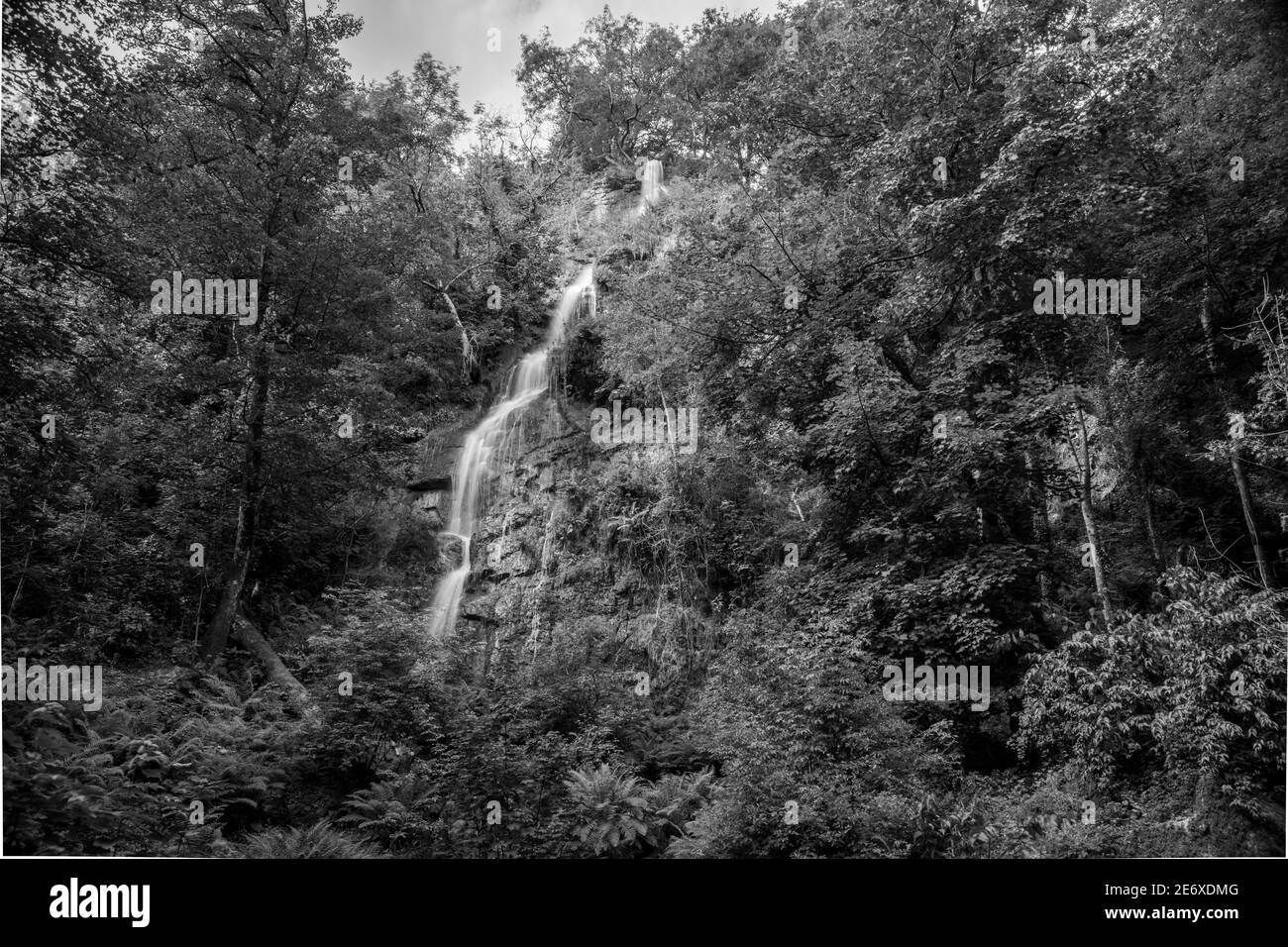 Longue exposition de la cascade qui coule au-dessus de la falaise à Chutes Canonteign à Dartmoor Banque D'Images